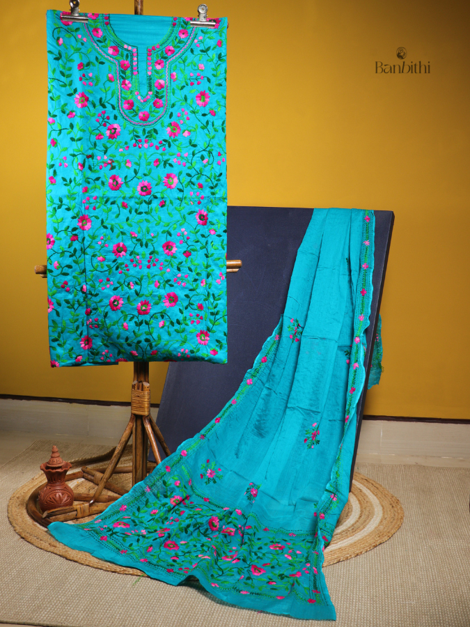 Hand Embroidered Cotton Suit Set – 3 Pcs (Turquoise Blue with Pink)
