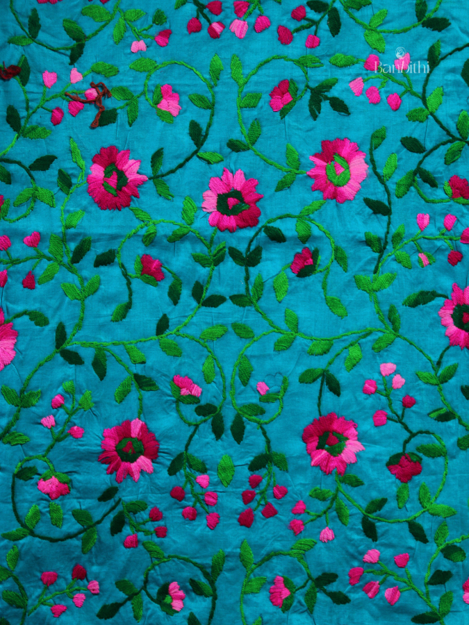 Hand Embroidered Cotton Suit Set – 3 Pcs (Turquoise Blue with Pink)