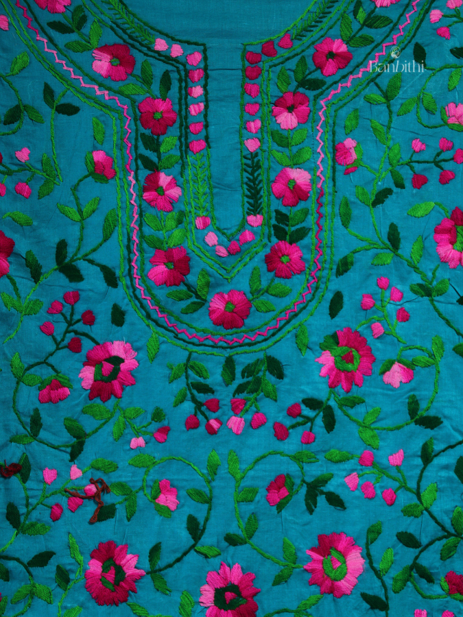 Hand Embroidered Cotton Suit Set – 3 Pcs (Turquoise Blue with Pink)