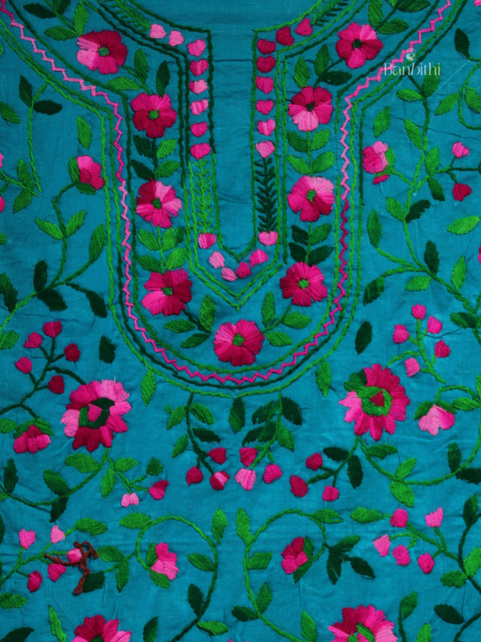Hand Embroidered Cotton Suit Set – 3 Pcs (Turquoise Blue)