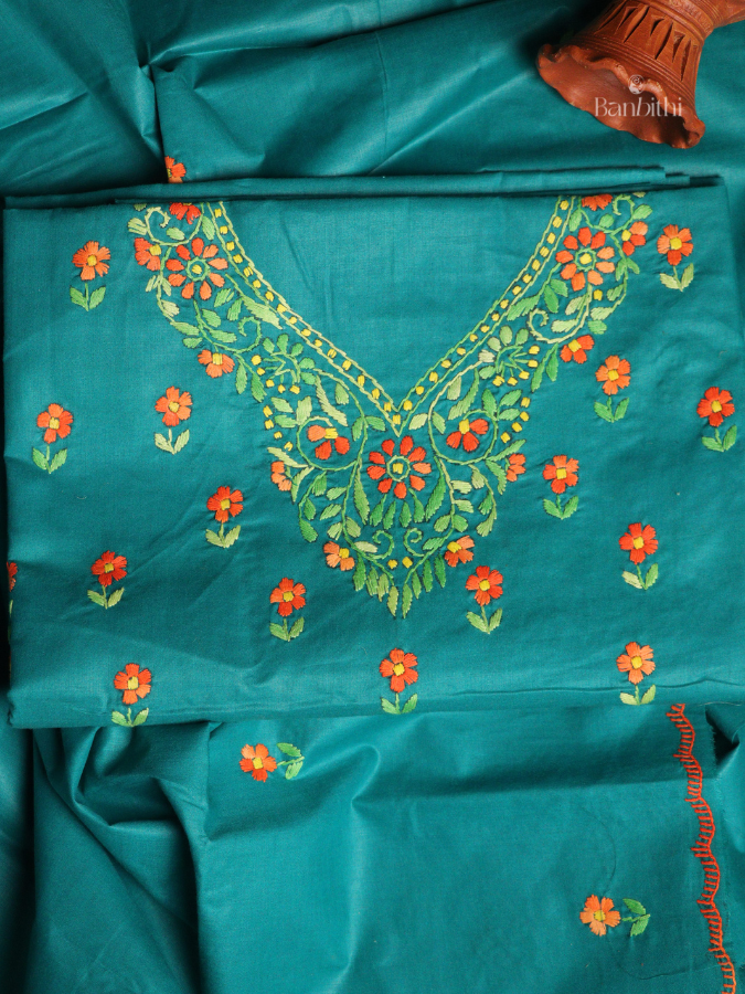 Hand Embroidered Cotton 3-Piece Suit Set – Turquoise Blue with Red