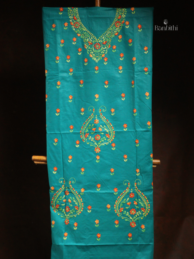 Hand Embroidered Cotton 3-Piece Suit Set – Turquoise Blue with Red