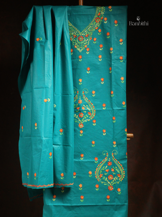 Hand Embroidered Cotton 3-Piece Suit Set – Turquoise Blue with Red