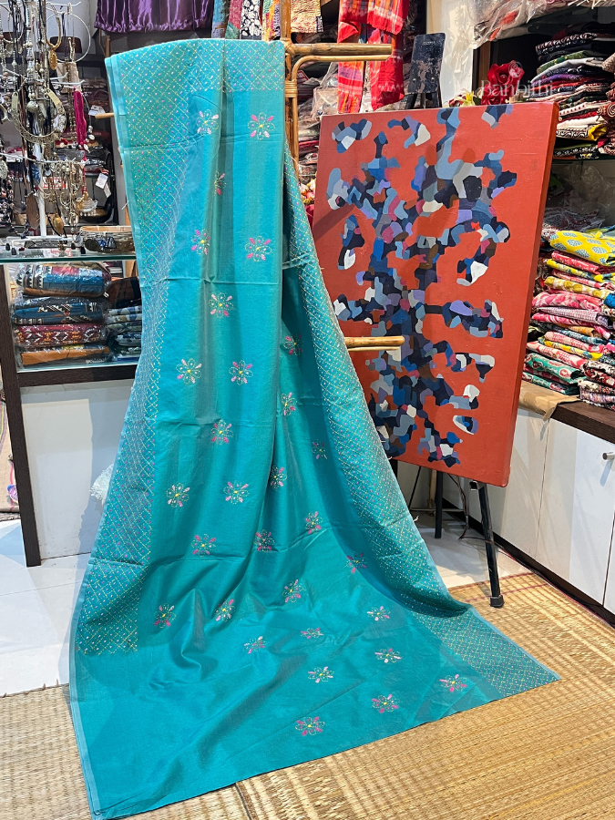 Hand Embroidered Sico Chanderi Saree – Turquoise Blue with Pink Thread