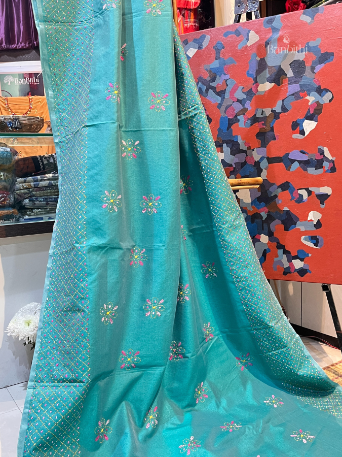Hand Embroidered Sico Chanderi Saree – Turquoise Blue with Pink Thread