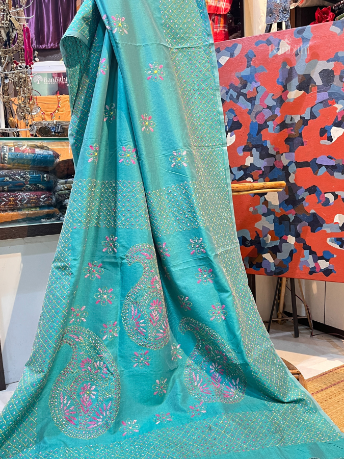Hand Embroidered Sico Chanderi Saree – Turquoise Blue with Pink Thread