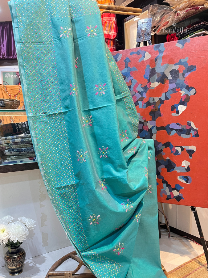 Hand Embroidered Sico Chanderi Saree – Turquoise Blue with Pink Thread