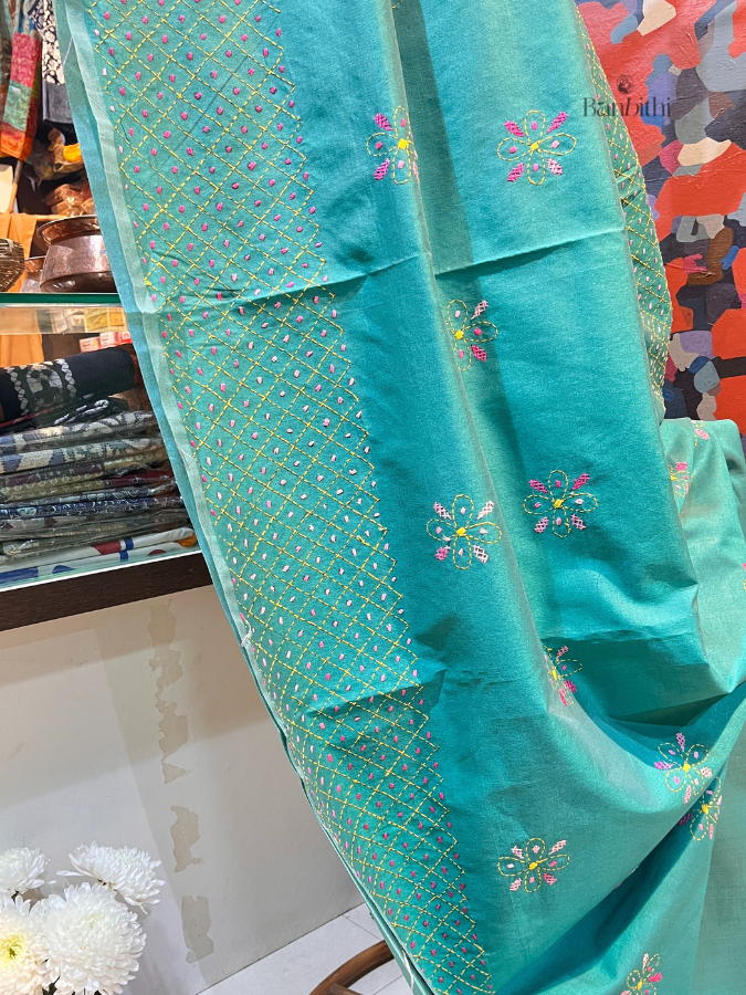 Hand Embroidered Sico Chanderi Saree – Turquoise Blue with Pink Thread