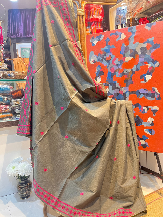 Hand Embroidered Sico Chanderi Saree – Grey with Pink Thread