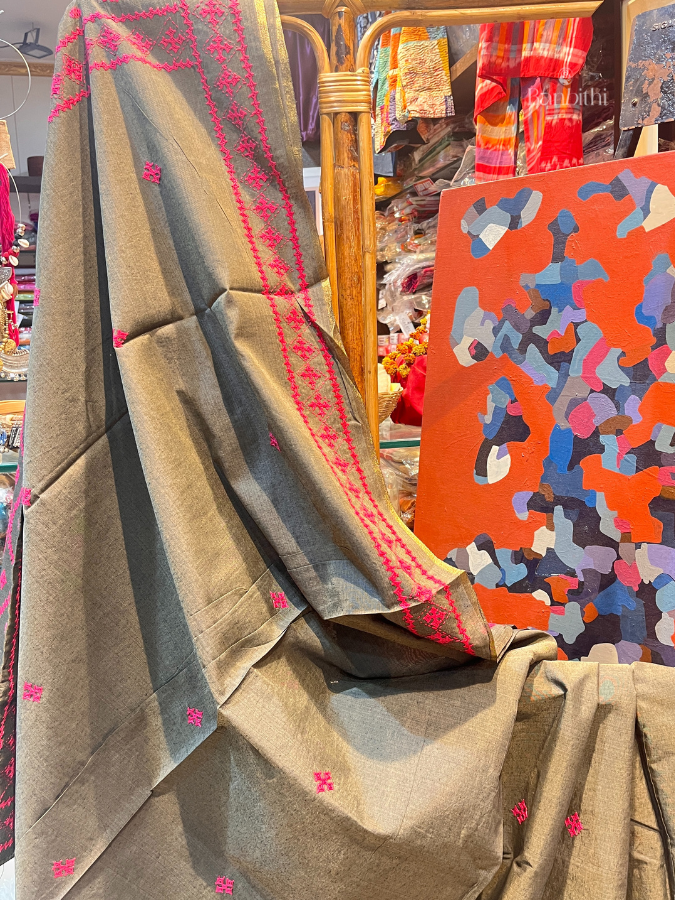 Hand Embroidered Sico Chanderi Saree – Grey with Pink Thread