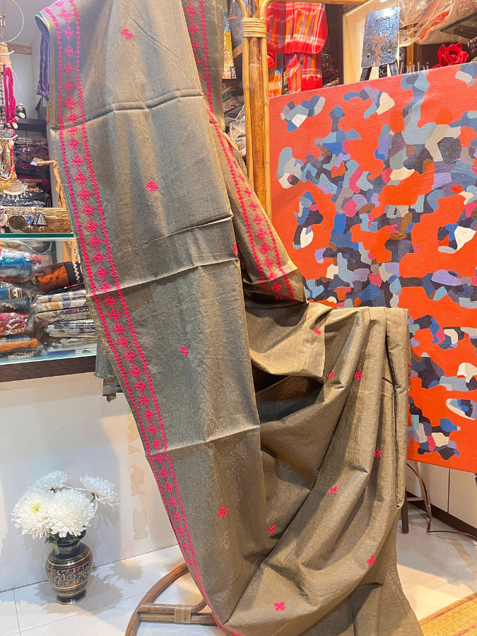 Hand Embroidered Sico Chanderi Saree – Grey with Pink Thread