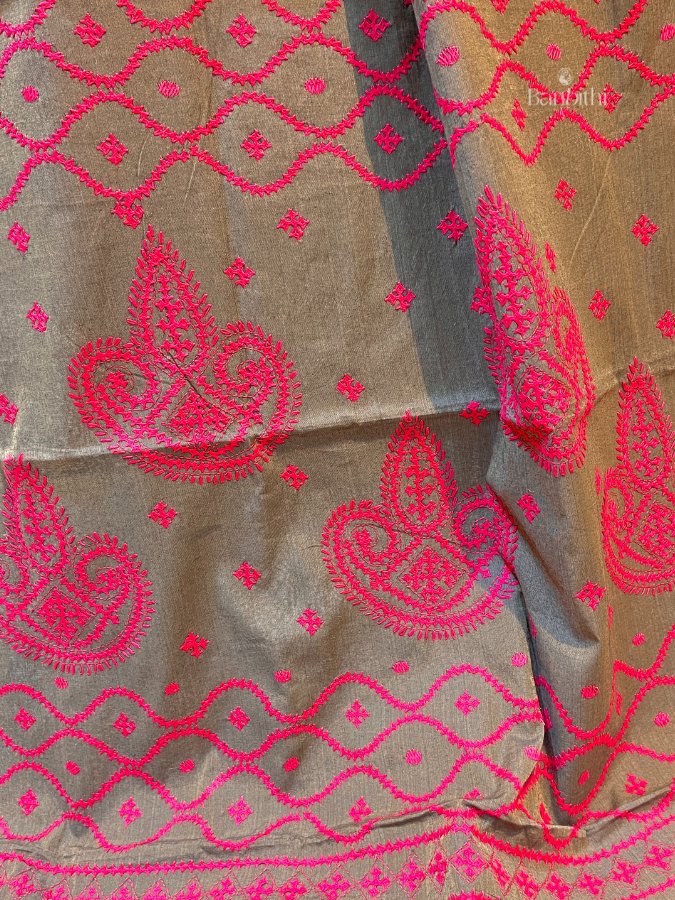 Hand Embroidered Sico Chanderi Saree – Grey with Pink Thread