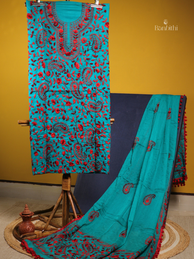 Hand Embroidered Cotton Suit Set – 3 Pcs (Turquoise Green)