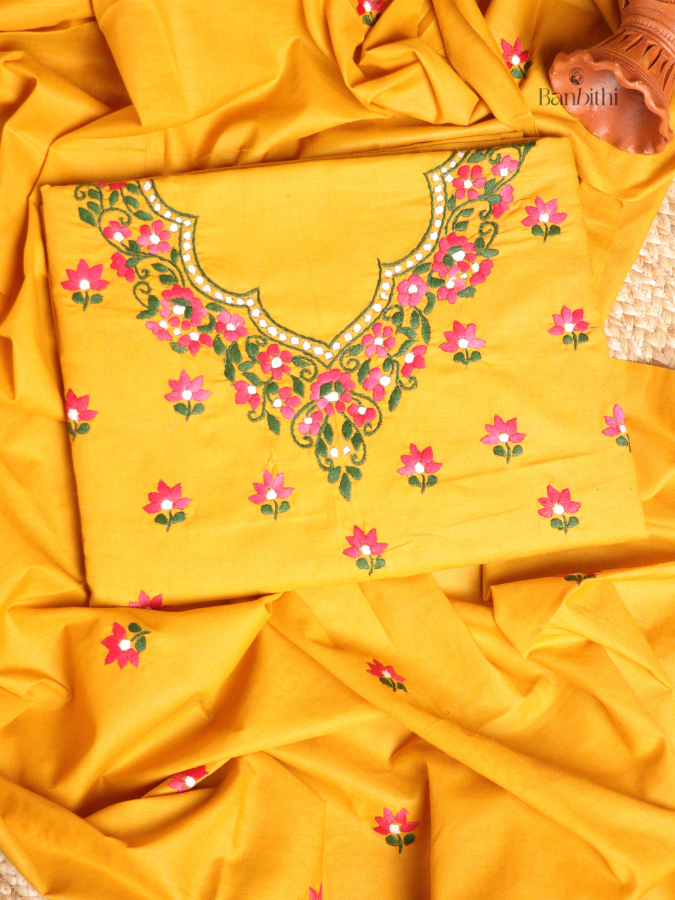 Hand Embroidered Cotton 3-Piece Suit Set – Yellow with Red White