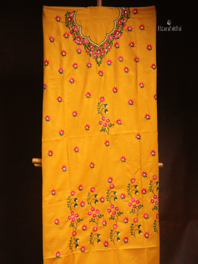 Hand Embroidered Cotton 3-Piece Suit Set – Yellow with Red White