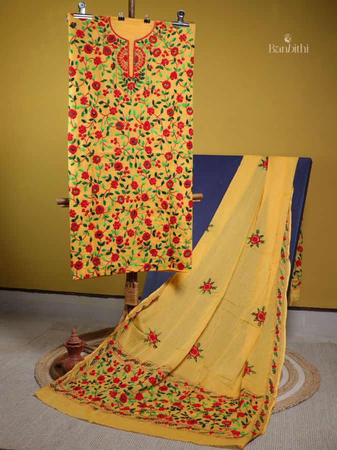 Hand Embroidered Cotton Suit Set – 3 Pcs (Yellow)
