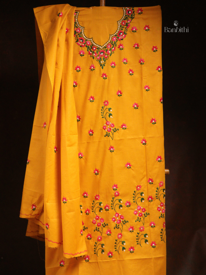Hand Embroidered Cotton 3-Piece Suit Set – Yellow with Red White