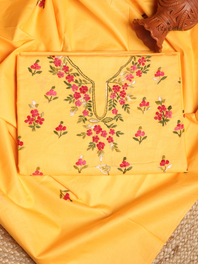 Hand Embroidered Cotton 3-Piece Suit Set – Yellow with Red