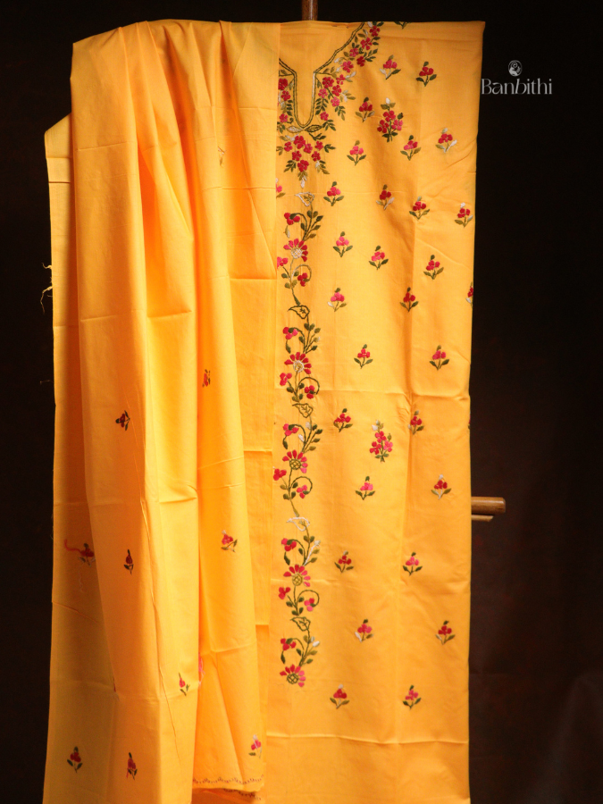 Hand Embroidered Cotton 3-Piece Suit Set – Yellow with Red