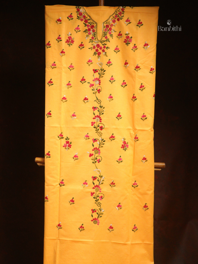 Hand Embroidered Cotton 3-Piece Suit Set – Yellow with Red