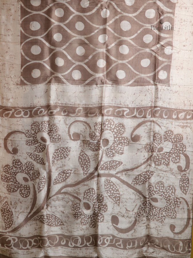 Hand Batik Abstract Murshidabad Silk Saree – Greyish Brown Elegance