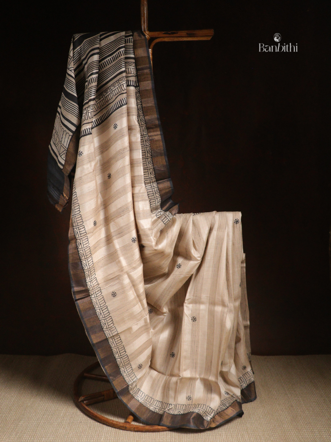 Bhumija Handwoven Tussar & Kosa Silk Saree – Original Tussar with Black (Variant 1)