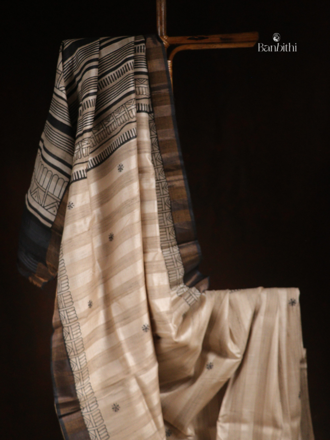 Bhumija Handwoven Tussar & Kosa Silk Saree – Original Tussar with Black (Variant 1)