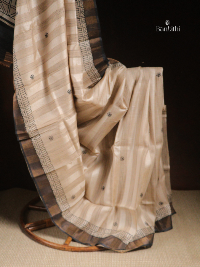 Bhumija Handwoven Tussar & Kosa Silk Saree – Original Tussar with Black (Variant 1)