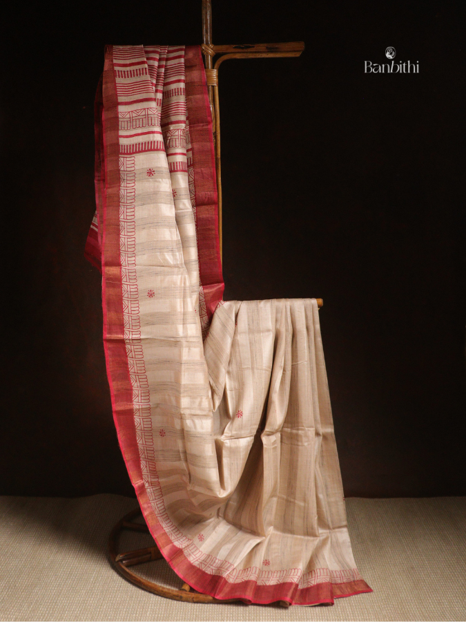 Bhumija Handwoven Tussar & Kosa Silk Saree – Original Tussar with Red