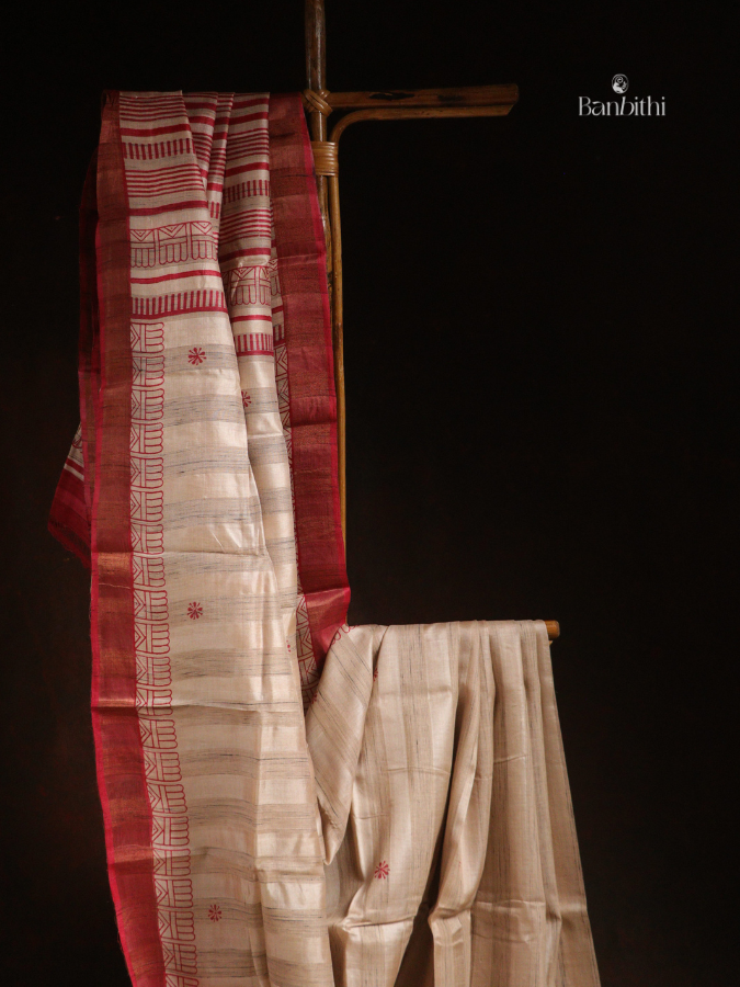 Bhumija Handwoven Tussar & Kosa Silk Saree – Original Tussar with Red