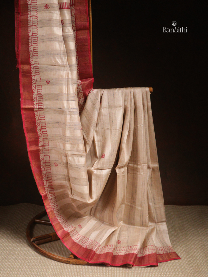 Bhumija Handwoven Tussar & Kosa Silk Saree – Original Tussar with Red