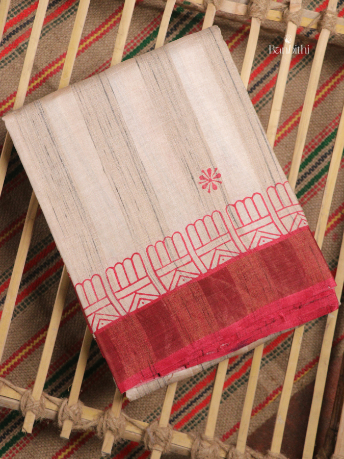 Bhumija Handwoven Tussar & Kosa Silk Saree – Original Tussar with Red