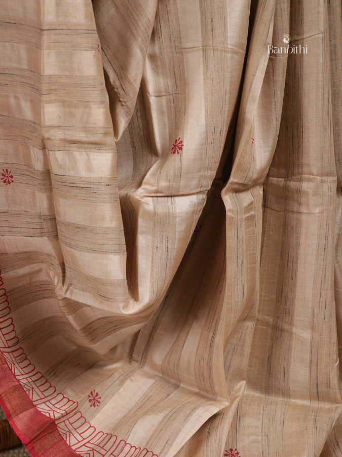Bhumija Handwoven Tussar & Kosa Silk Saree – Original Tussar with Red