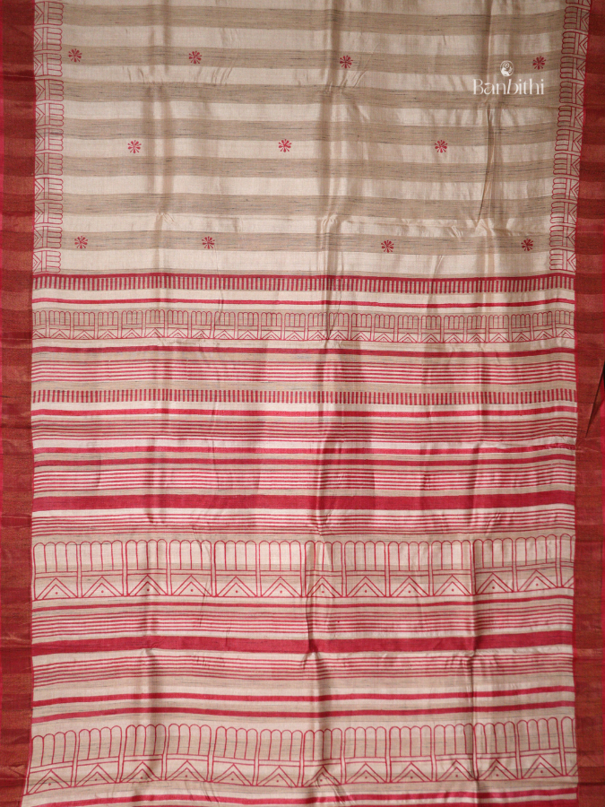 Bhumija Handwoven Tussar & Kosa Silk Saree – Original Tussar with Red