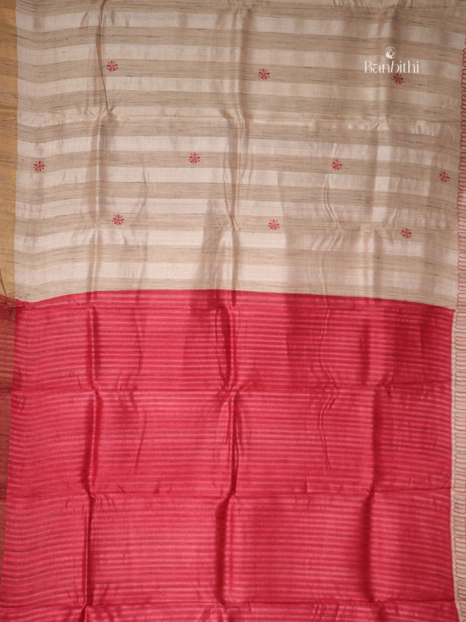 Bhumija Handwoven Tussar & Kosa Silk Saree – Original Tussar with Red