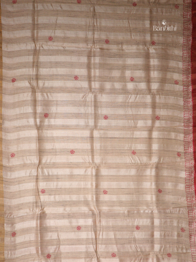 Bhumija Handwoven Tussar & Kosa Silk Saree – Original Tussar with Red