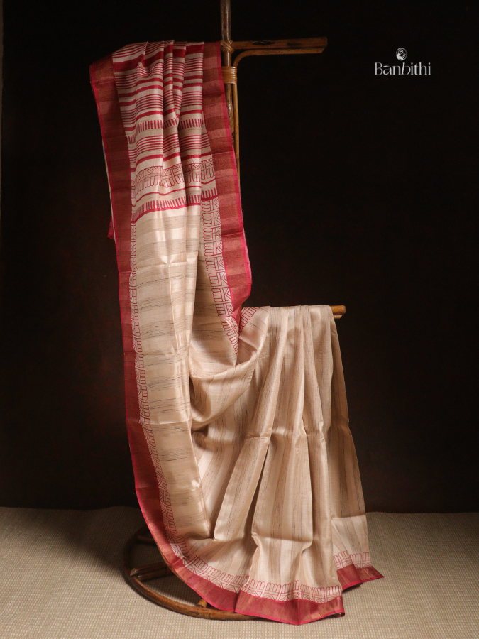 Bhumija Handwoven Tussar & Kosa Silk Saree – Original Tussar with Red Variant 1
