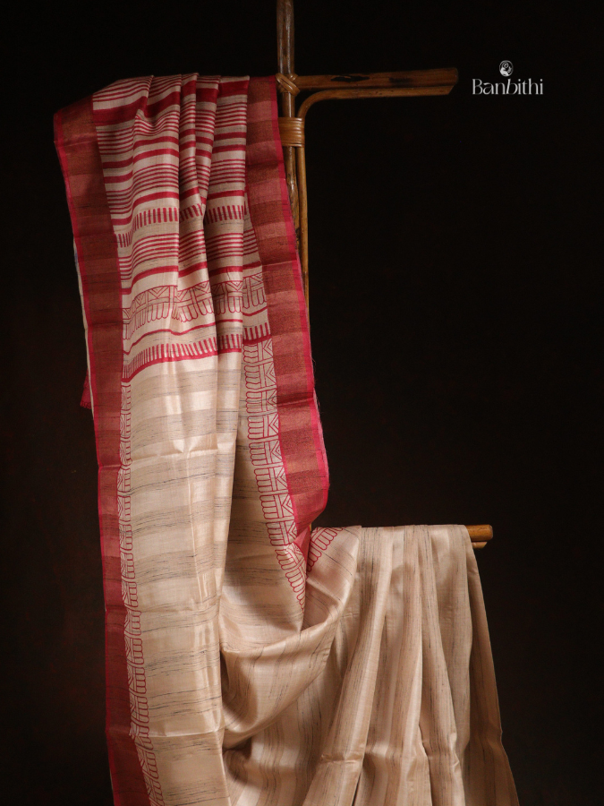 Bhumija Handwoven Tussar & Kosa Silk Saree – Original Tussar with Red Variant 1