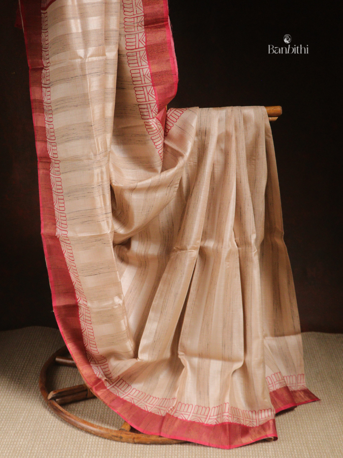 Bhumija Handwoven Tussar & Kosa Silk Saree – Original Tussar with Red Variant 1