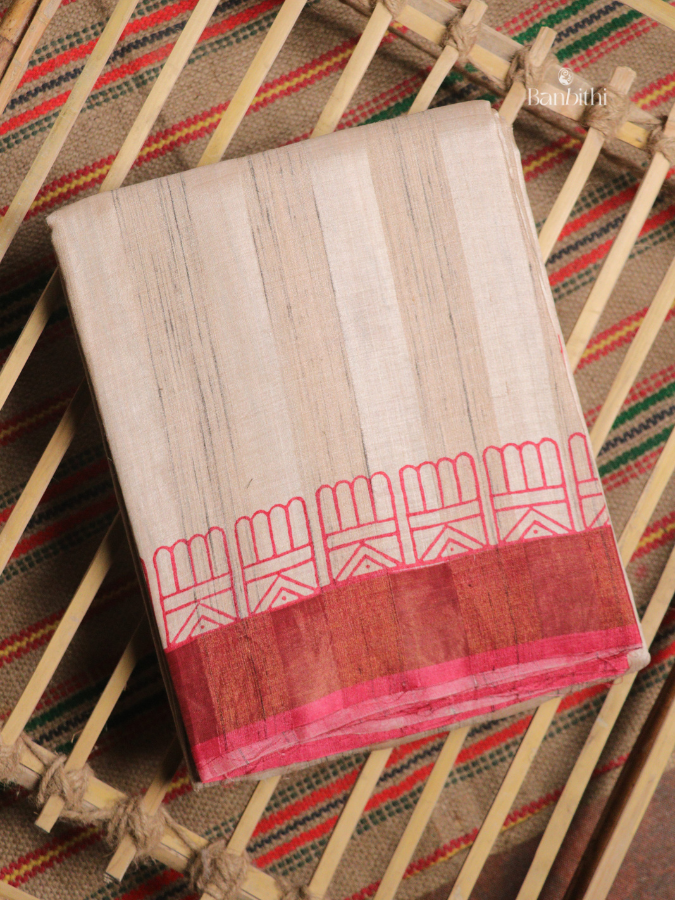 Bhumija Handwoven Tussar & Kosa Silk Saree – Original Tussar with Red Variant 1