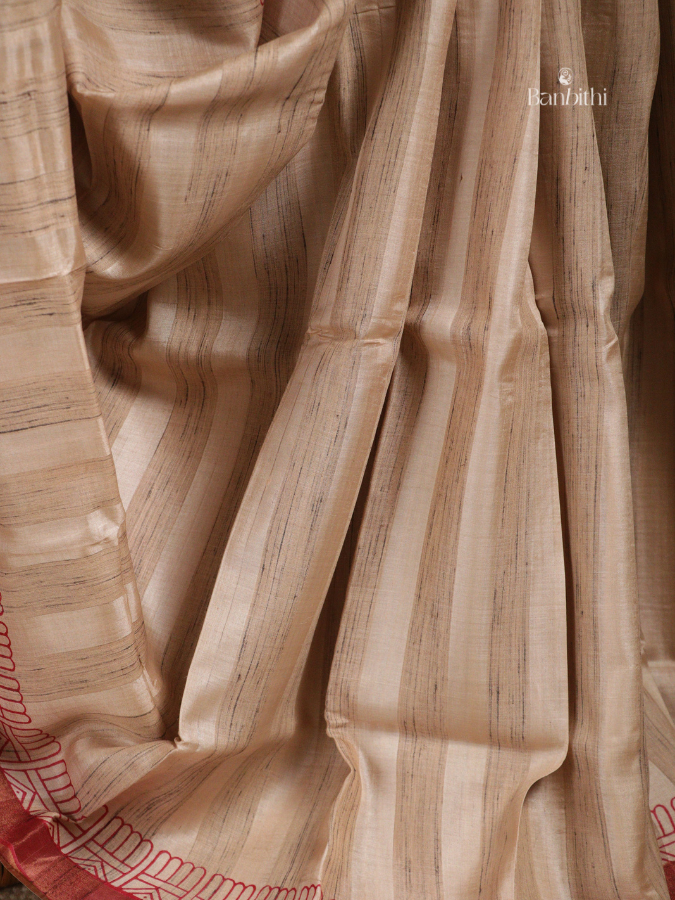 Bhumija Handwoven Tussar & Kosa Silk Saree – Original Tussar with Red Variant 1