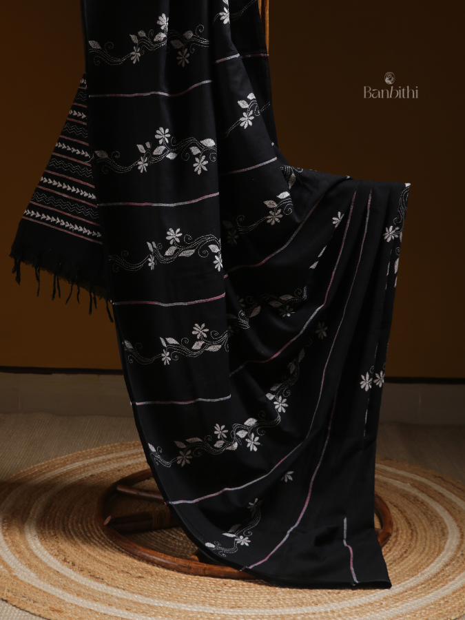 Obsidian Weave Kantha Saree