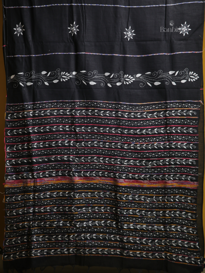Obsidian Weave Kantha Saree