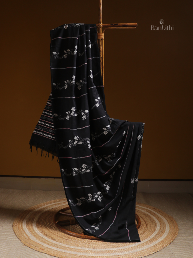 Obsidian Weave Kantha Saree
