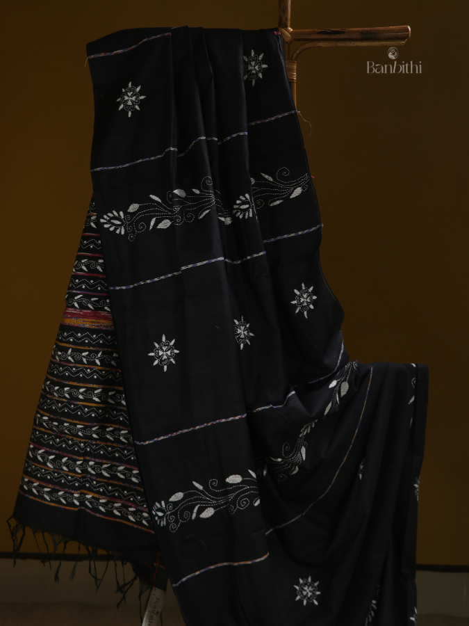 Midnight Black Kantha Cotton Saree