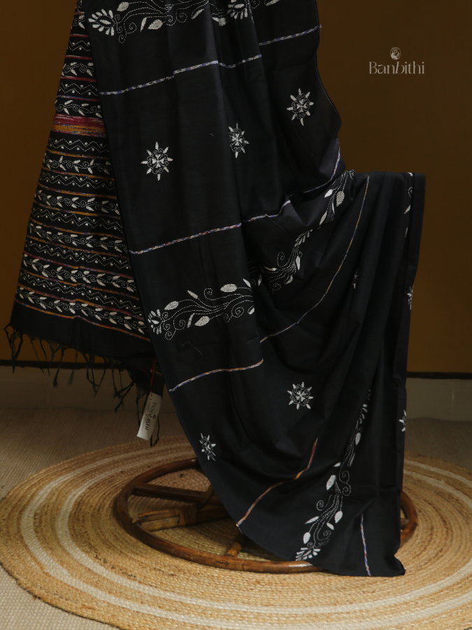 Midnight Black Kantha Cotton Saree