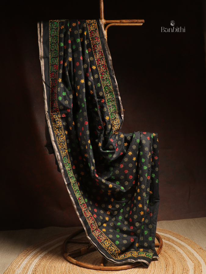 Hand Embroidered Saree – Black with Multicoloured Thread