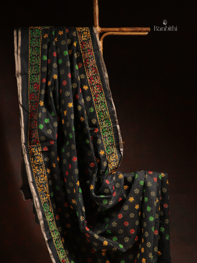 Hand Embroidered Saree – Black with Multicoloured Thread