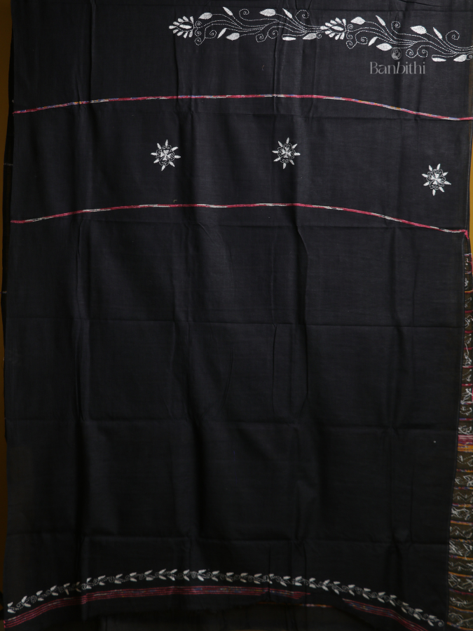 Midnight Black Kantha Cotton Saree