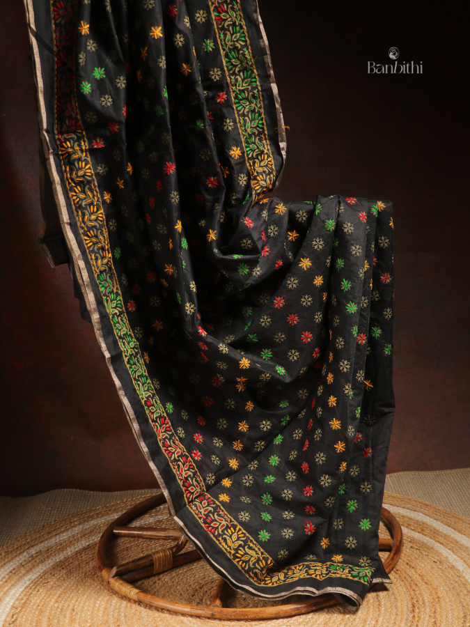 Hand Embroidered Saree – Black with Multicoloured Thread